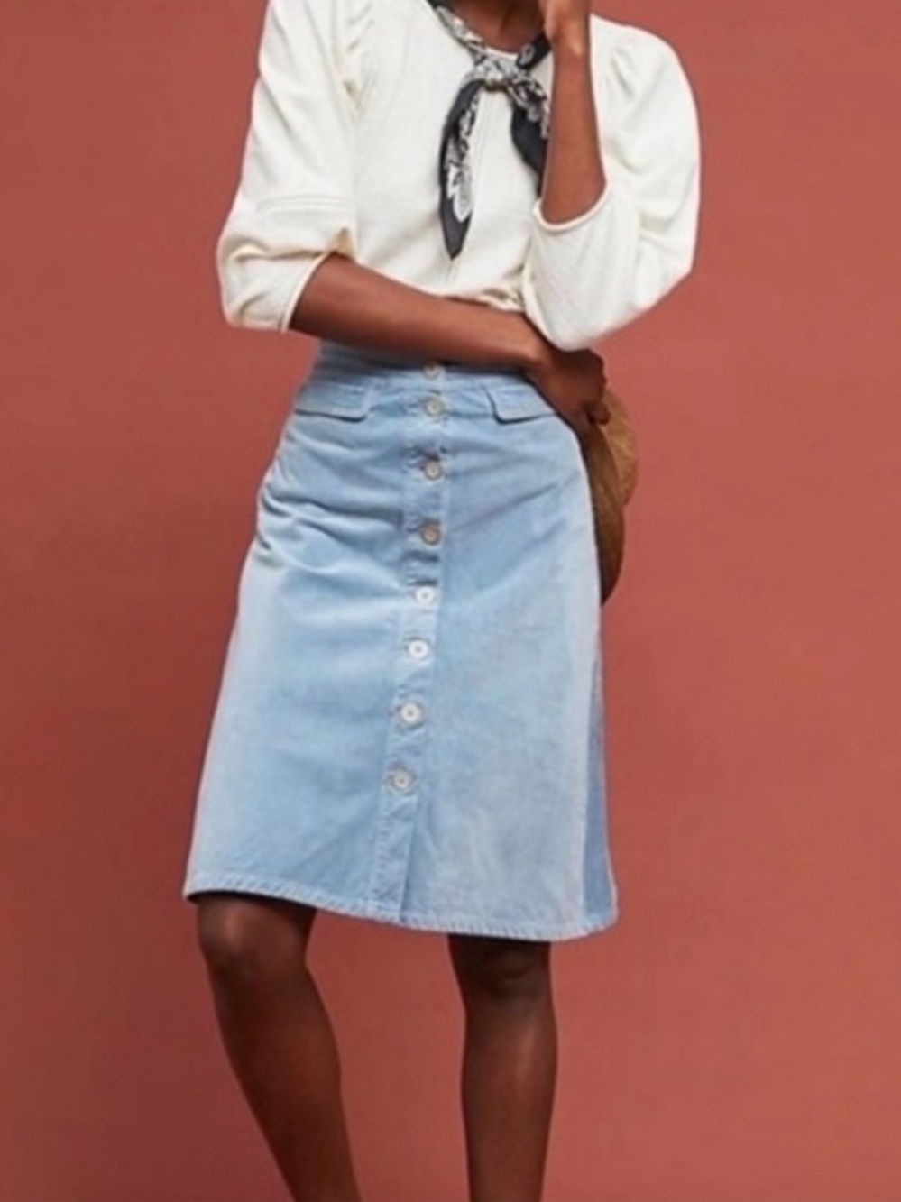Anthropologie Light Sky Blue Corduroy Button-Front A-line Midi Skirt Womens 2